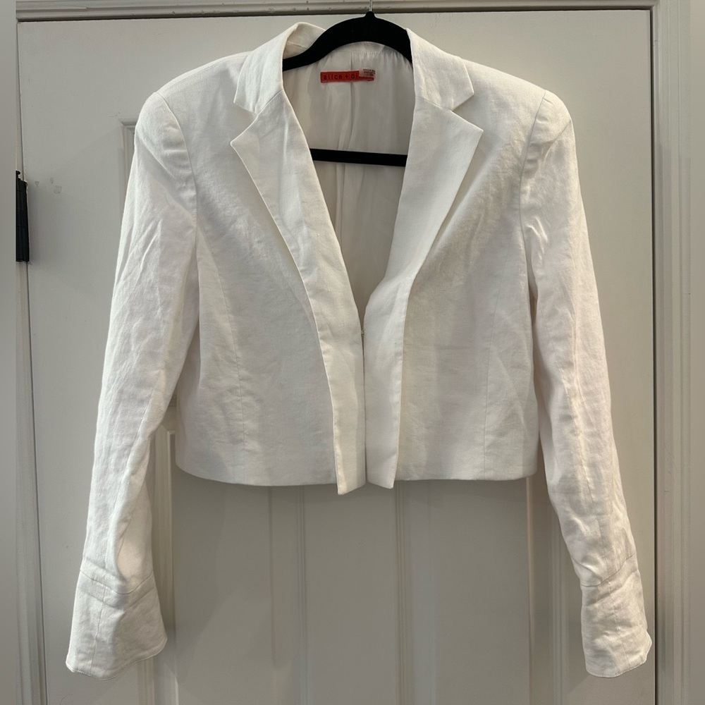 Alice + Olivia White Cropped Linen Blend Blazer Notch Collar Long Sleeve Large